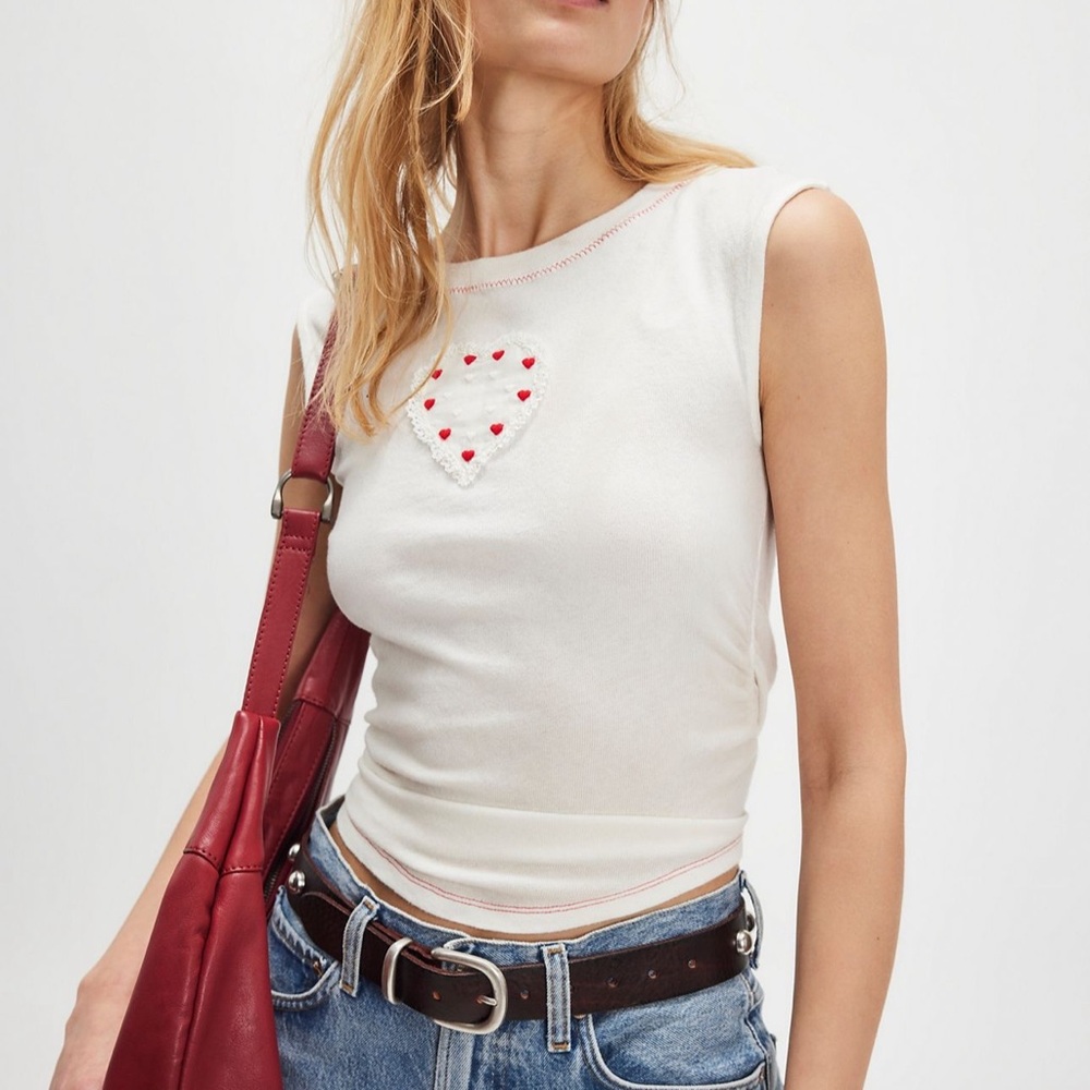 NWT Free People White Sleeveless Top with Heart Detail Dolly Tee